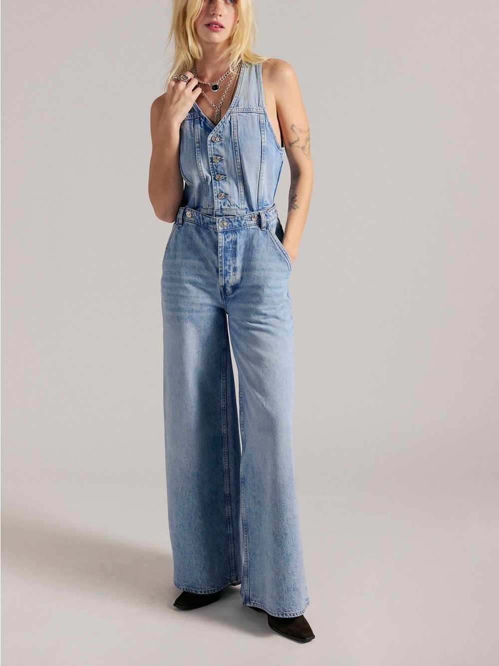 Free People Light Blue Denim Wide-Leg Overalls